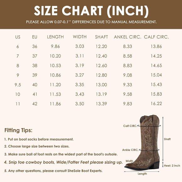 SheSole Western Boots Women Dark Brown Faux Leather Square Toe Wide Mid Calf - Picture 6 of 9